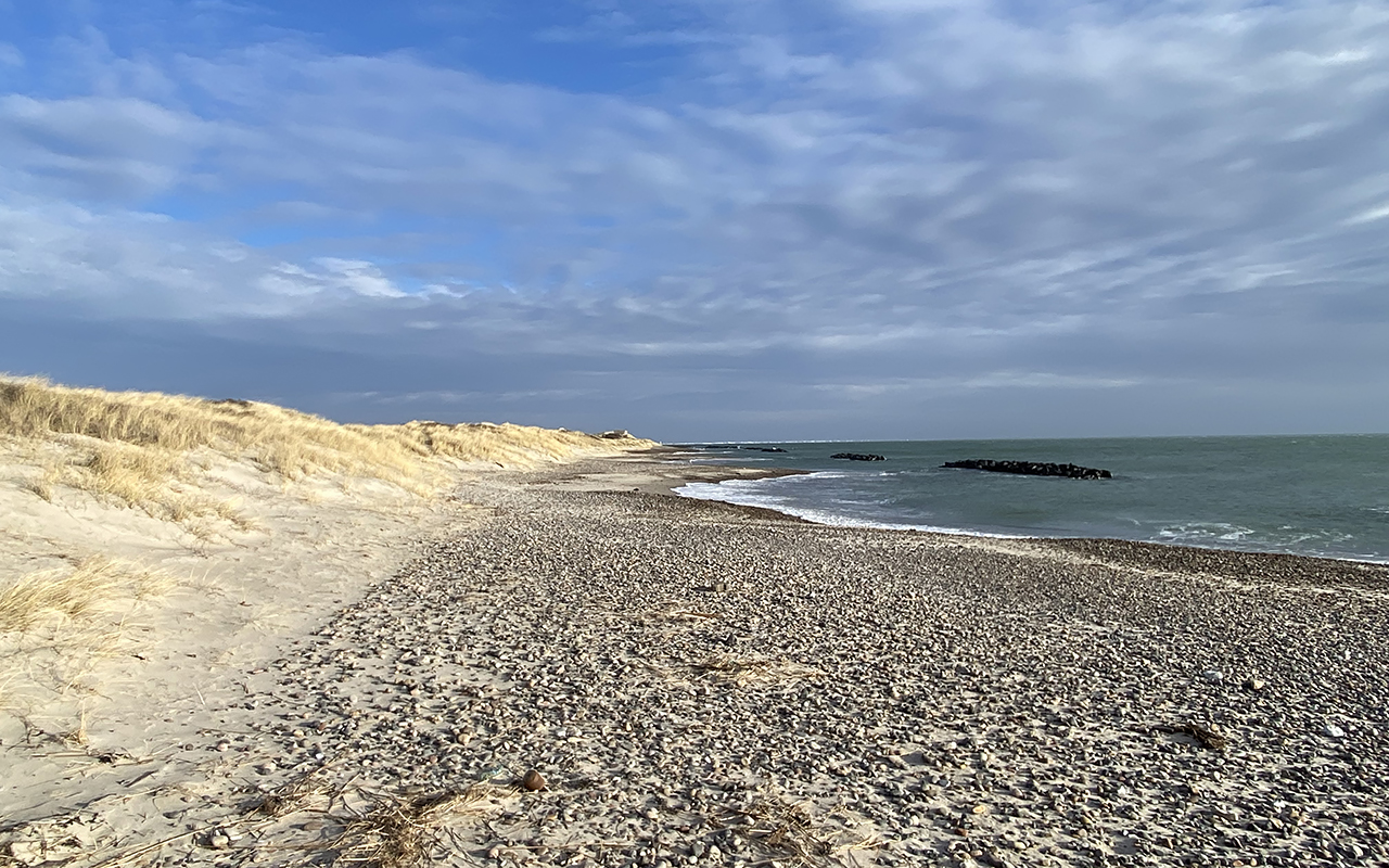 Stenig sandstrand med dyner och vågbrytare under molnig himmel